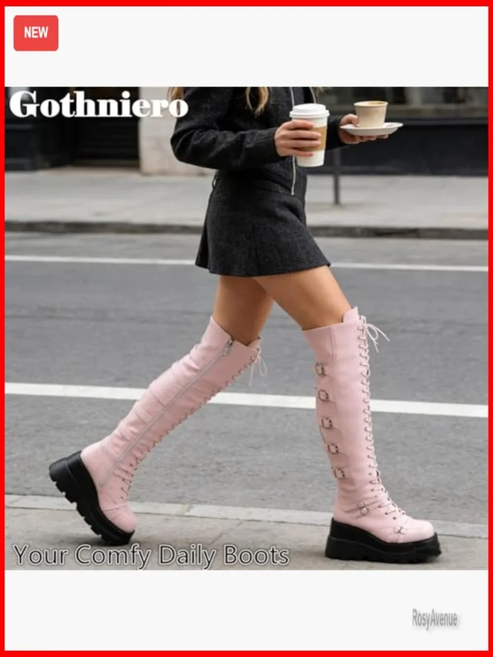 Over Knee Platform Boots Chunky Heel Side Zip Lace Up Motorcycle Boots
